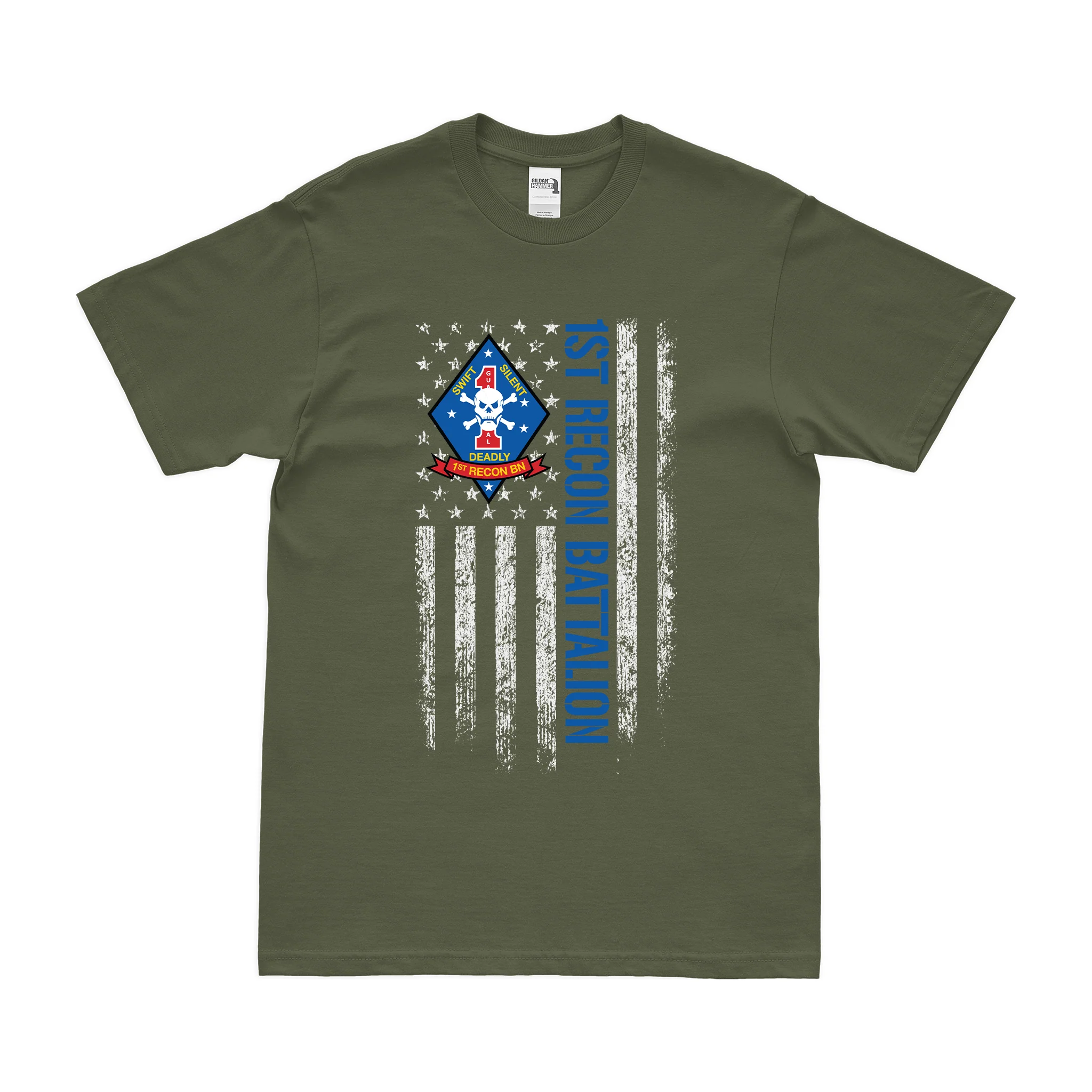 1st Recon Bn American Flag USMC T-Shirt - Image 2