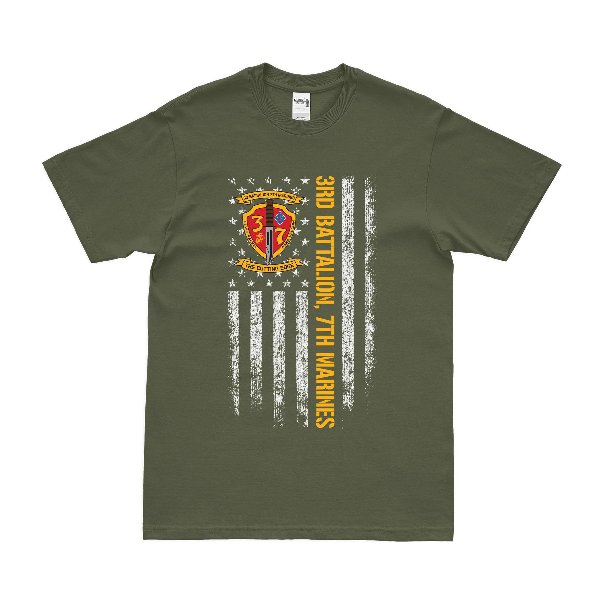 3/7 Marines American Flag Orange Text T-Shirt - Image 2