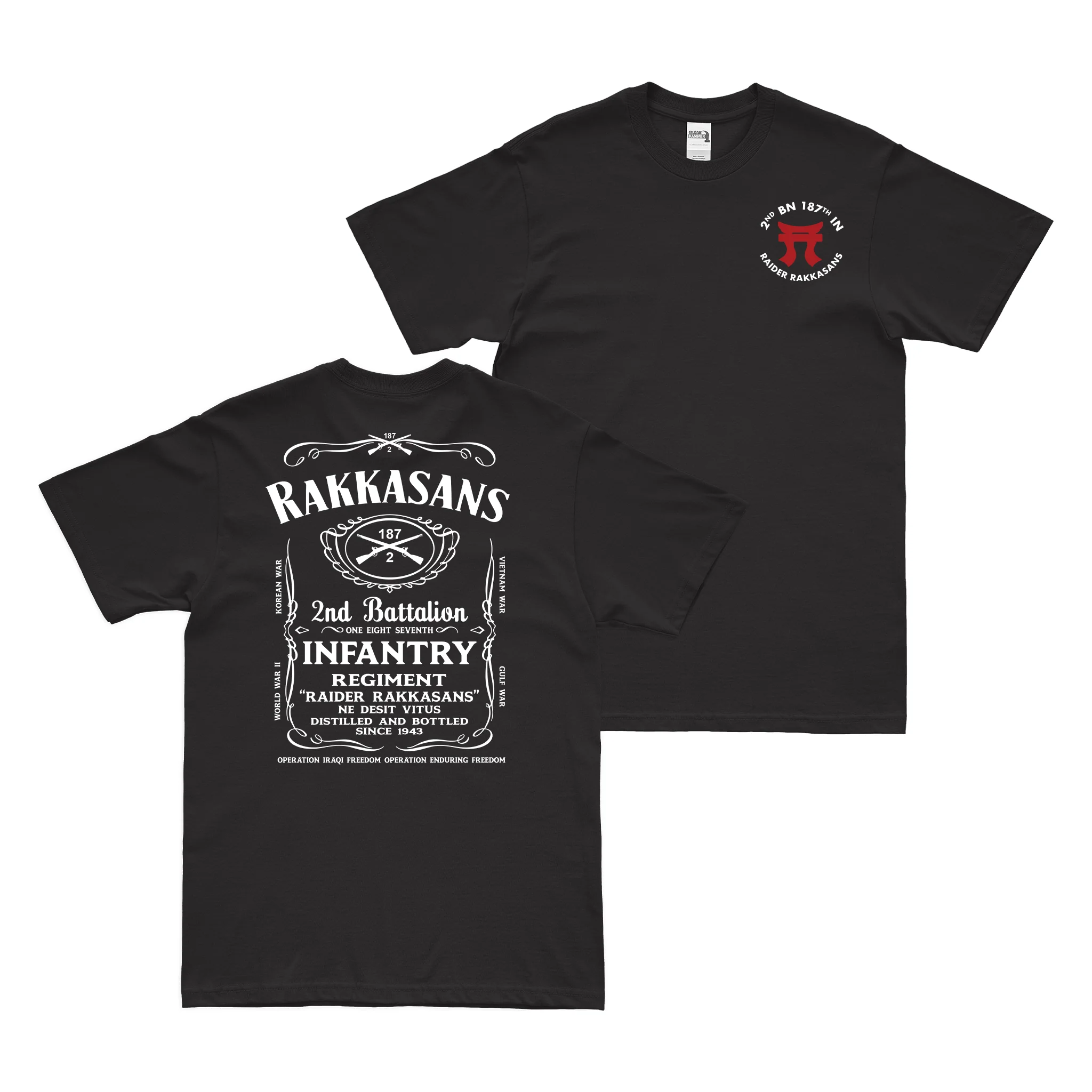 Double-Sided 2-187 Infantry Rakkasans Whiskey Label T-Shirt