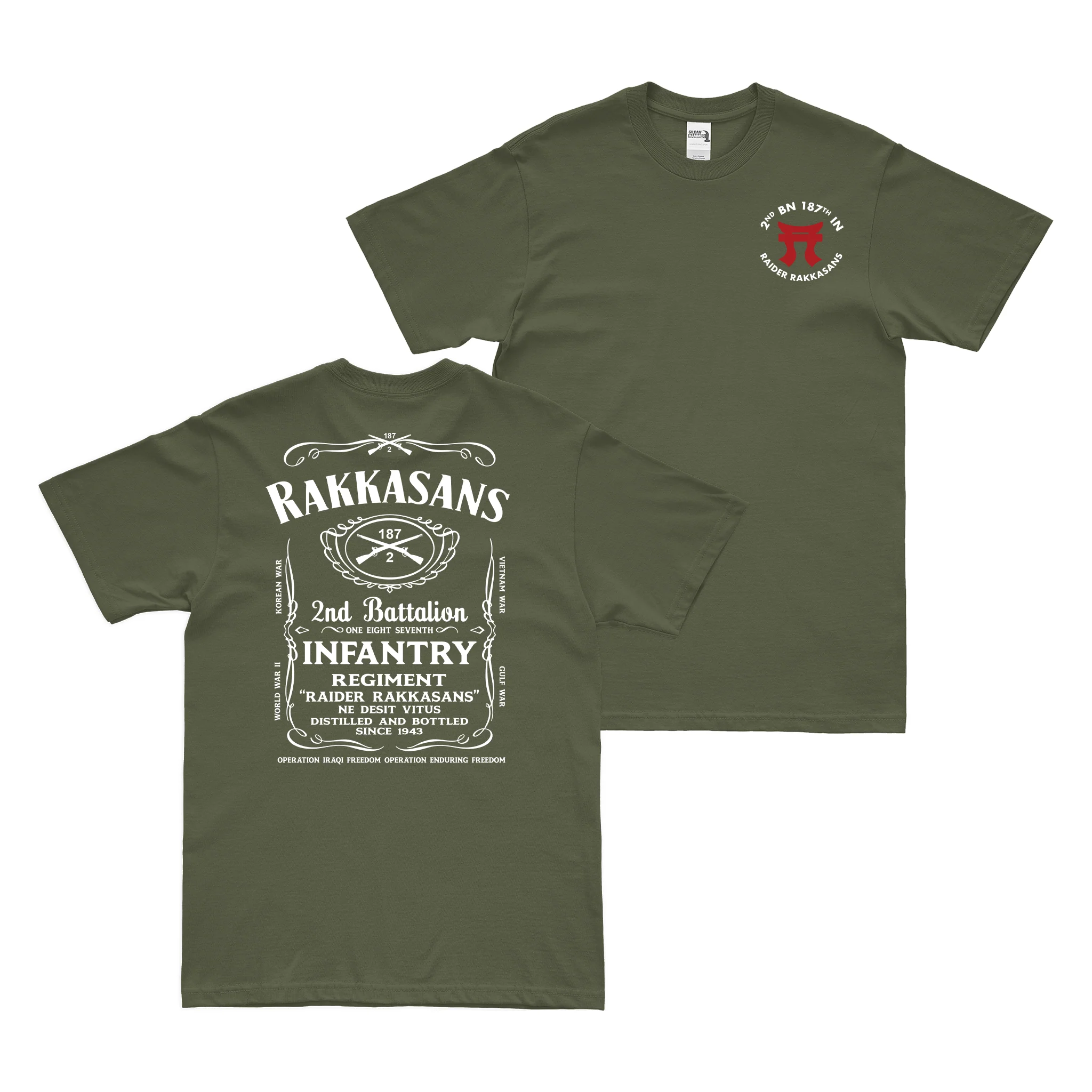 Double-Sided 2-187 Infantry Rakkasans Whiskey Label T-Shirt - Image 2