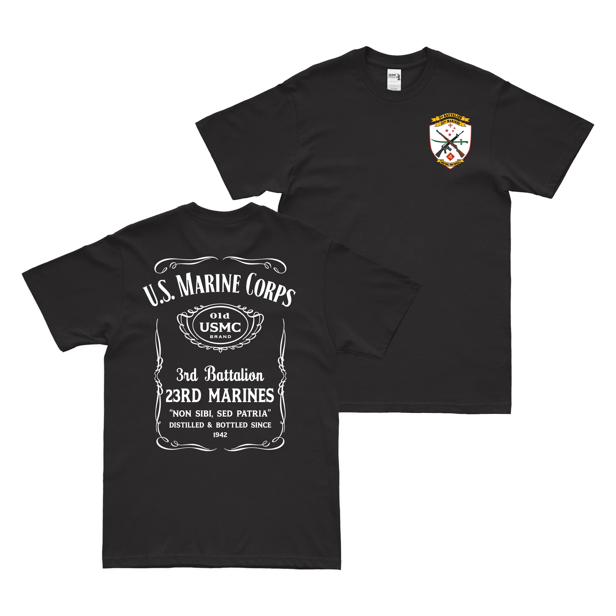 Double-Sided 3-23 Marines Whiskey Label T-Shirt