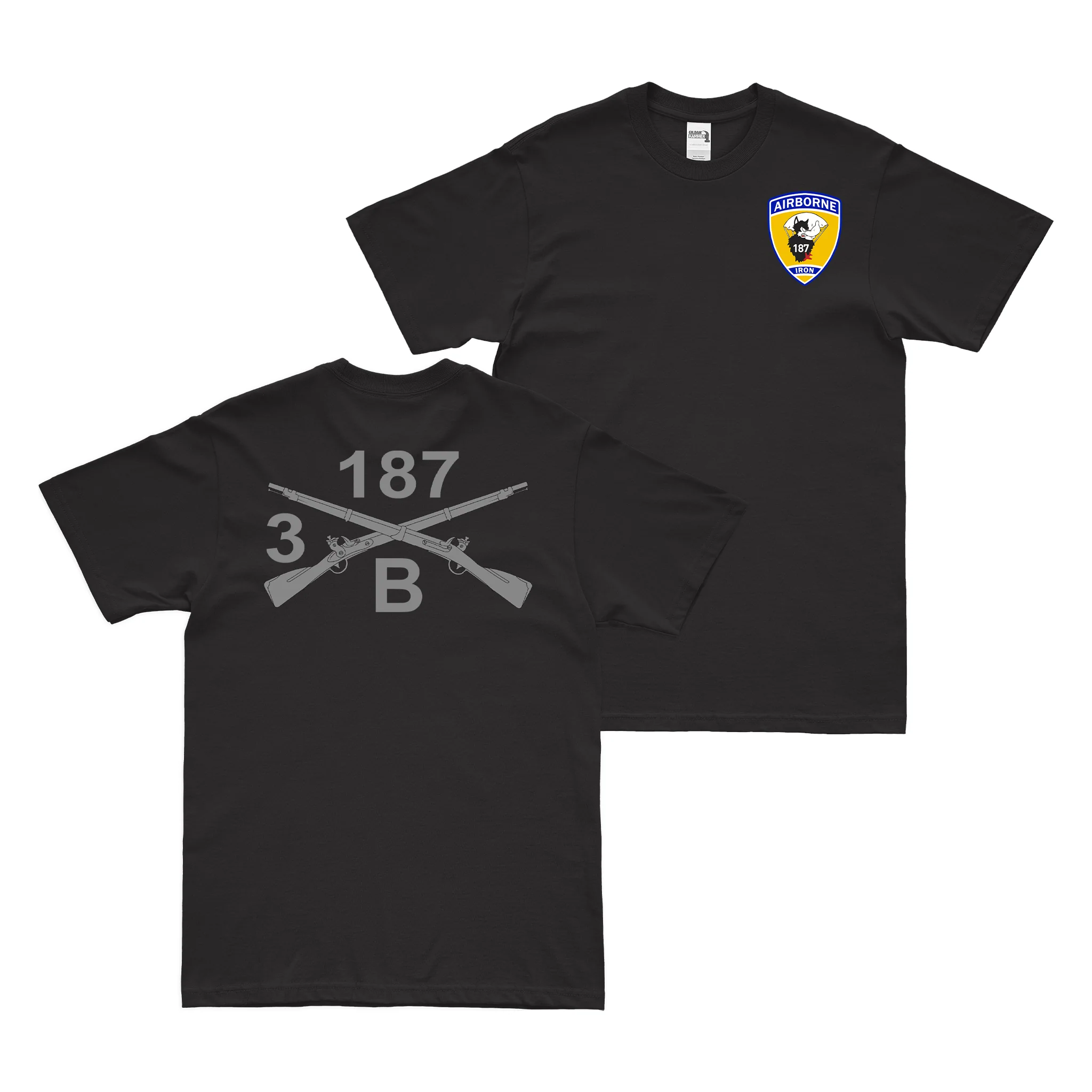 Double-Sided B Co 3-187 IN Crossed Rifles T-Shirt