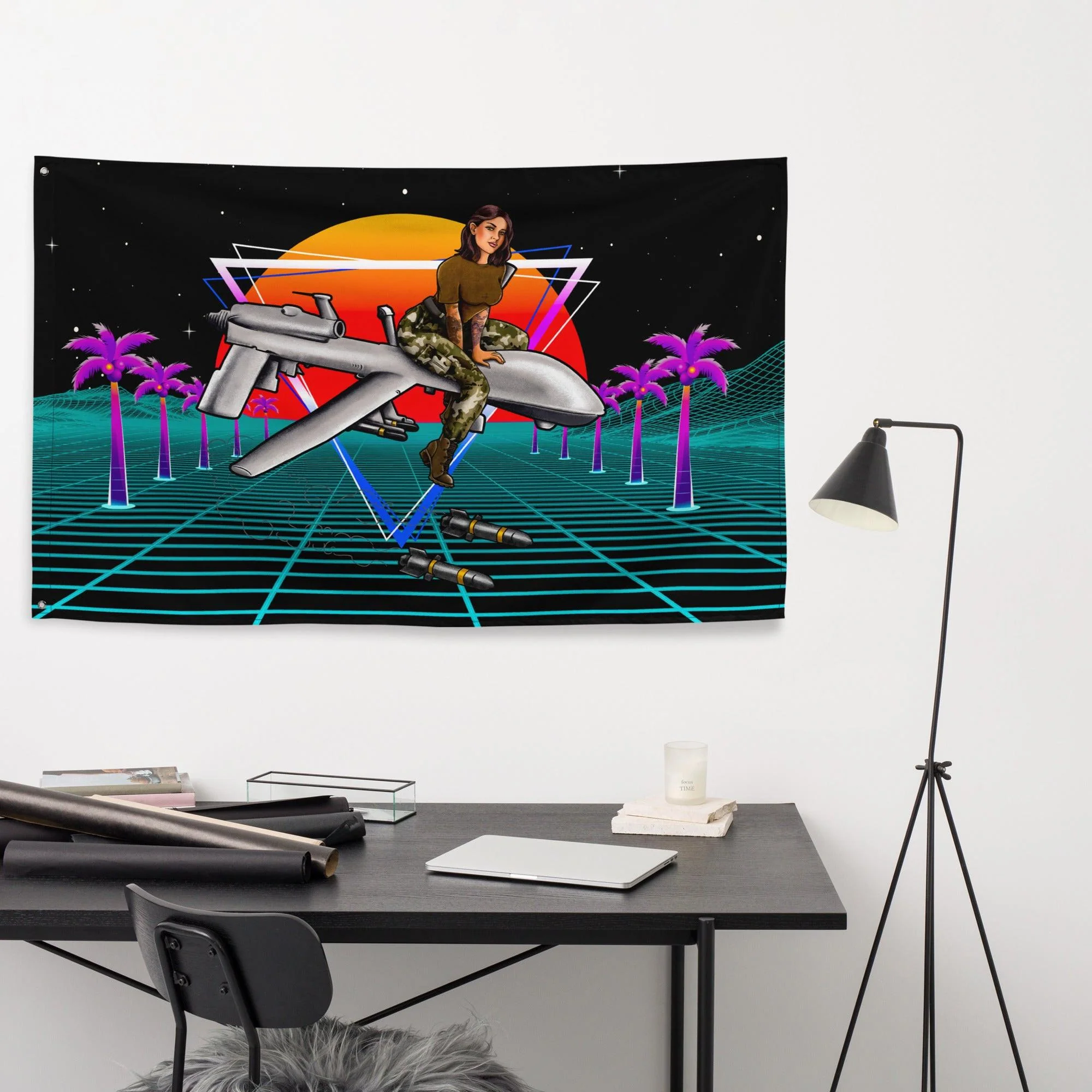 Military Intel Pin-Up Girl Julia MQ-9 Reaper Drone Wall Flag - Image 2