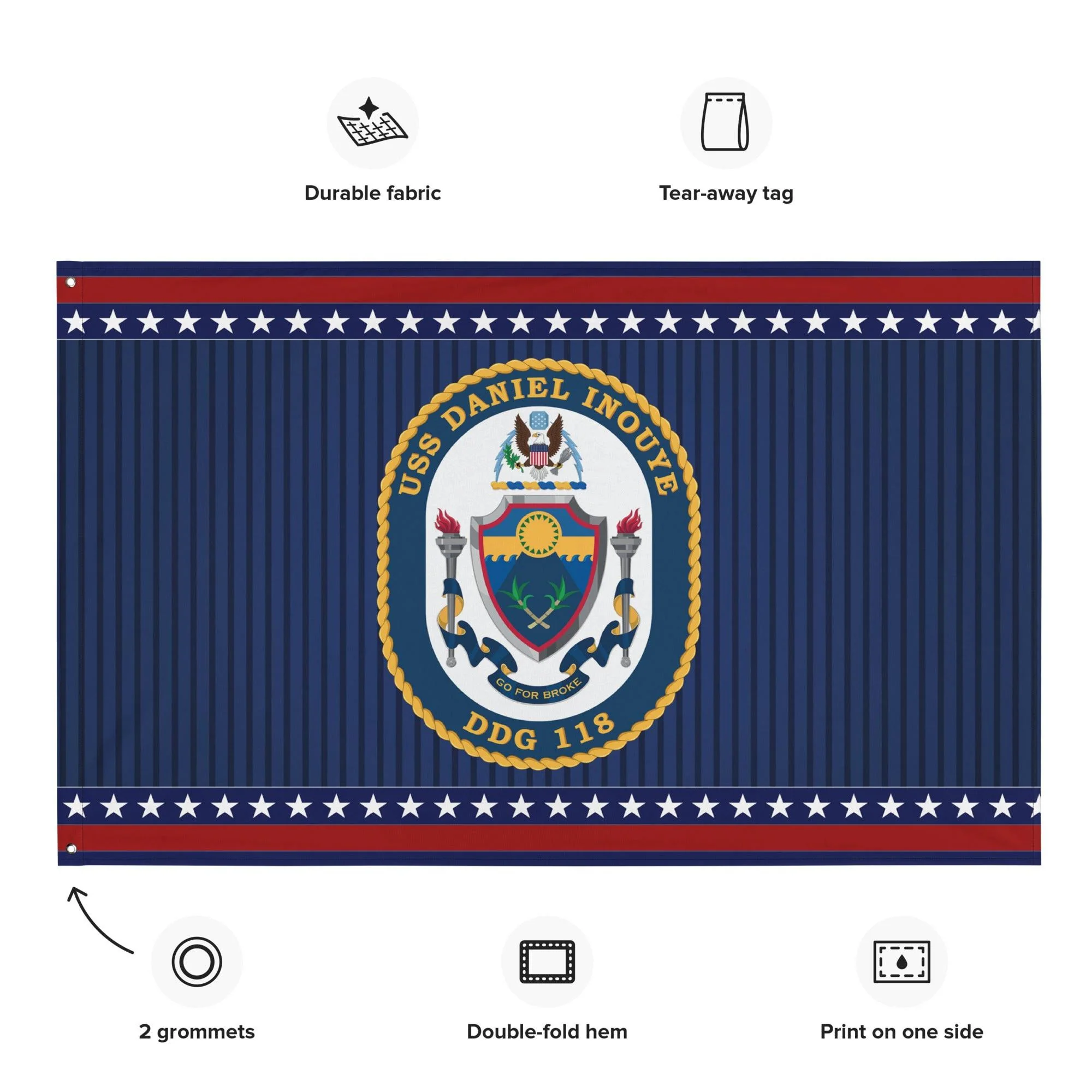 Patriotic USS Daniel Inouye (DDG-118) Ship's Crest Wall Flag - Image 2