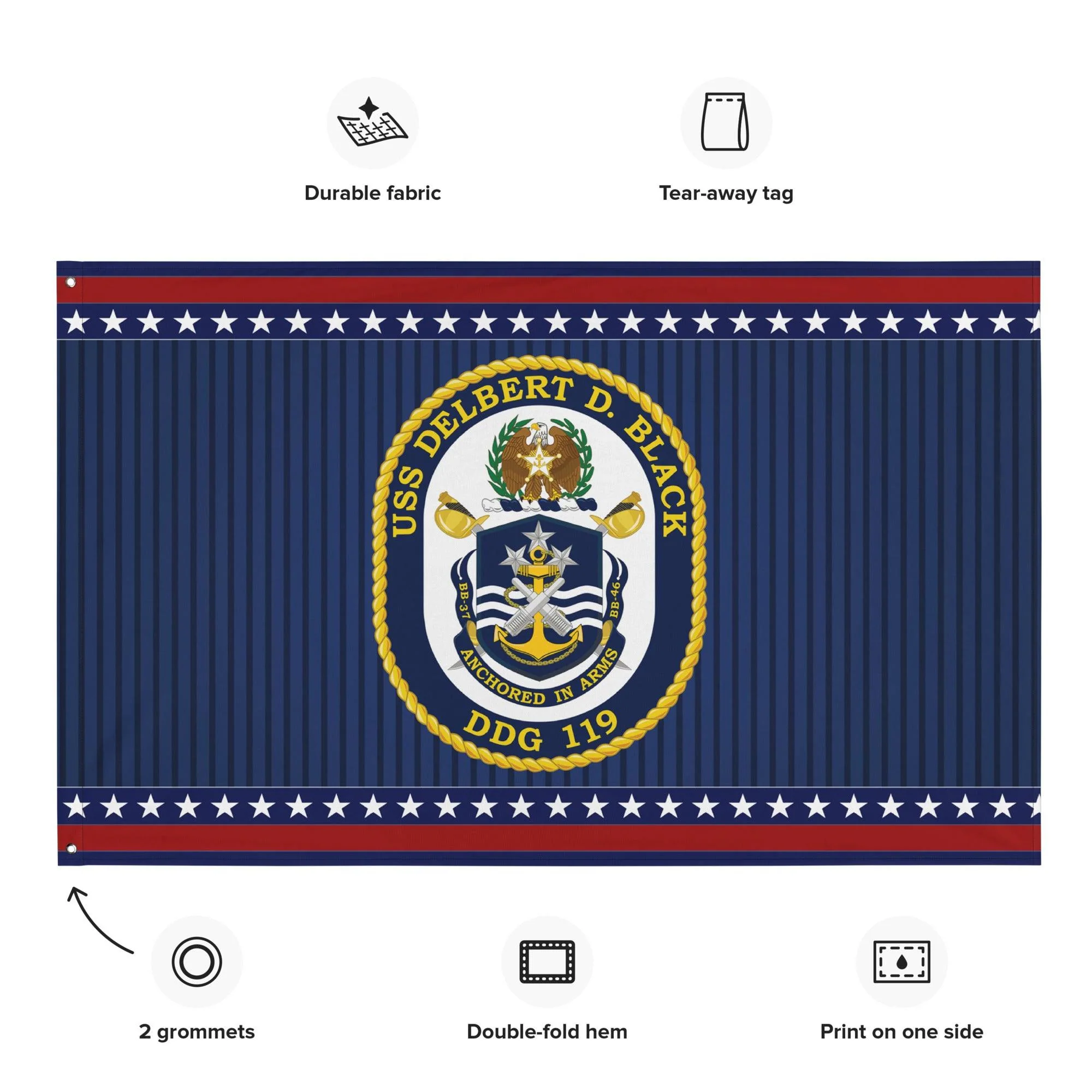 Patriotic USS Delbert D. Black (DDG-119) Ship's Crest Wall Flag - Image 2