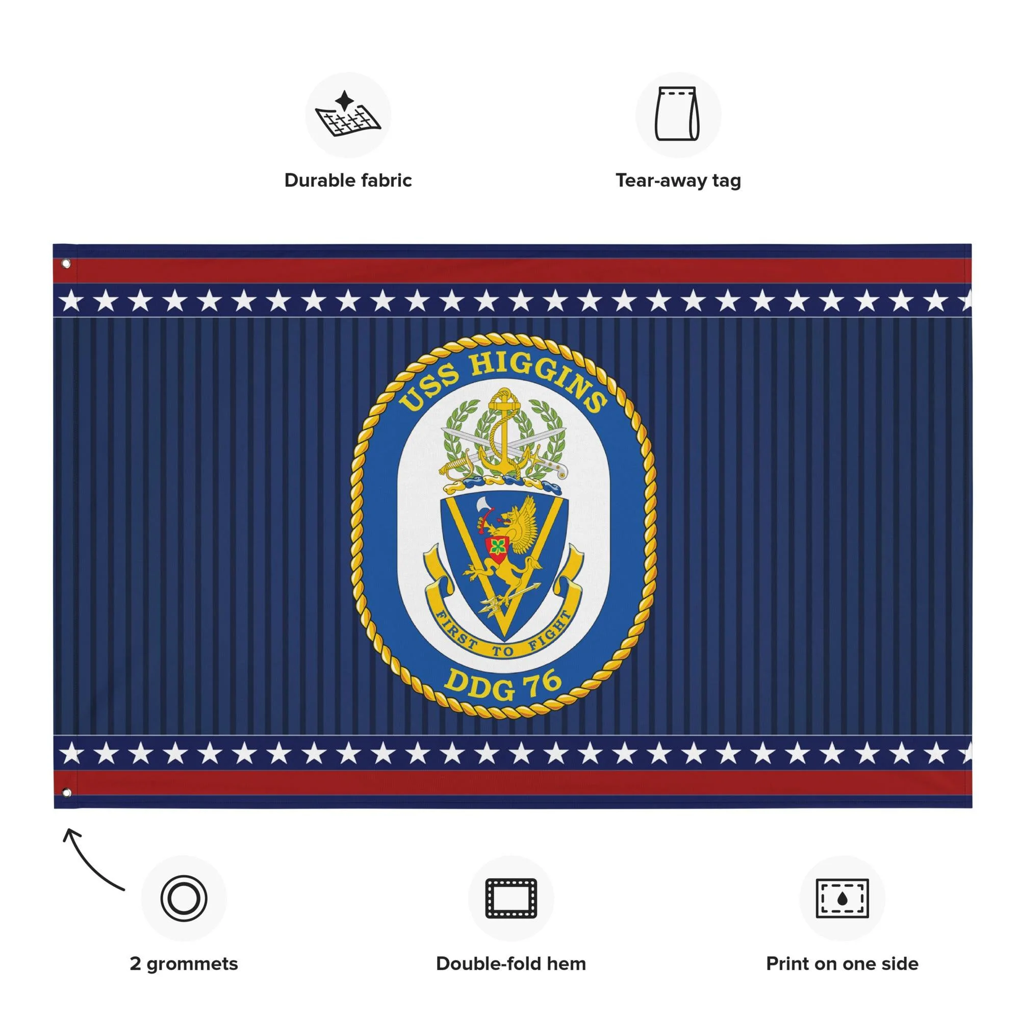 Patriotic USS Higgins (DDG-76) Ship's Crest Wall Flag - Image 2