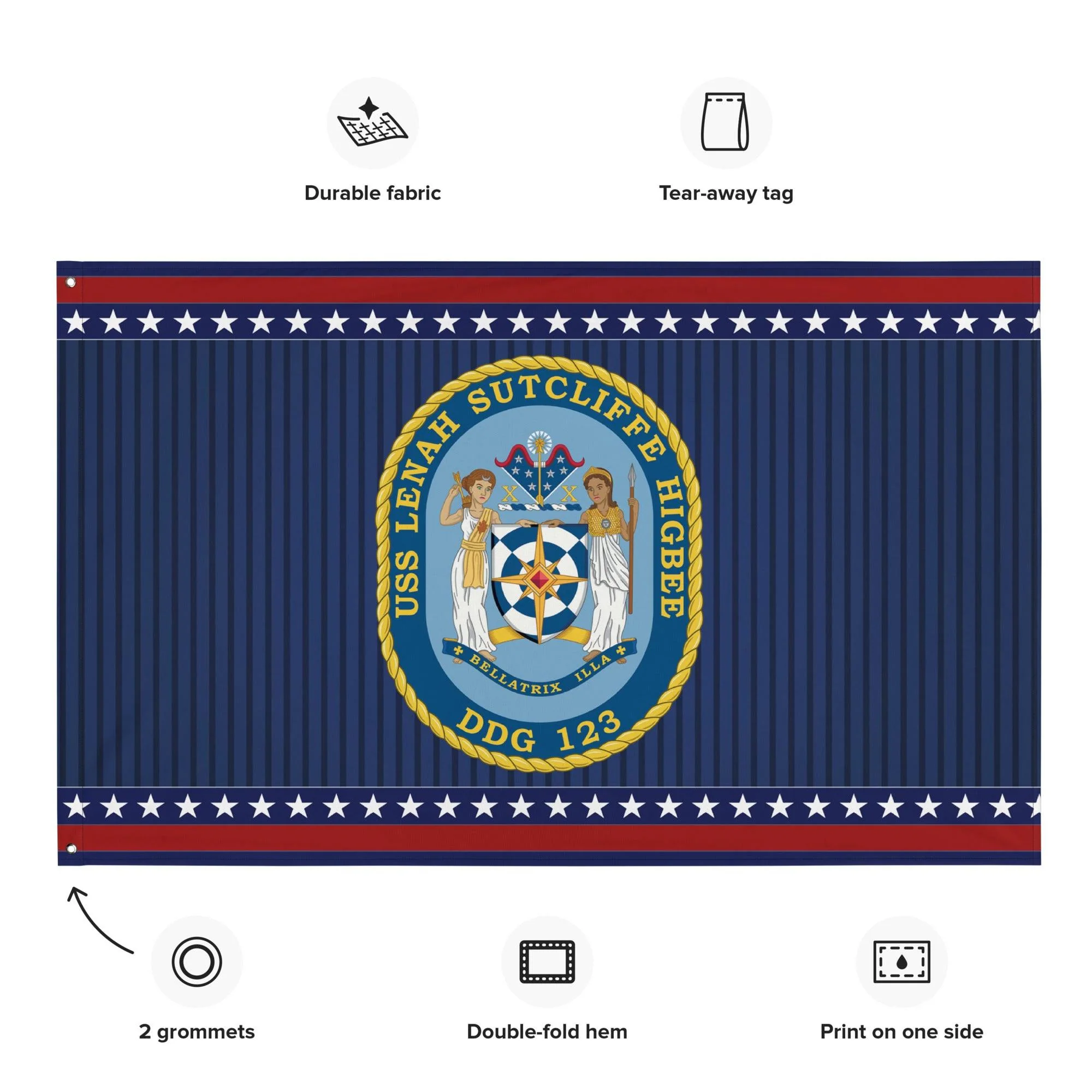Patriotic USS Lenah Sutcliffe Higbee (DDG-123) Ship's Crest Wall Flag - Image 2