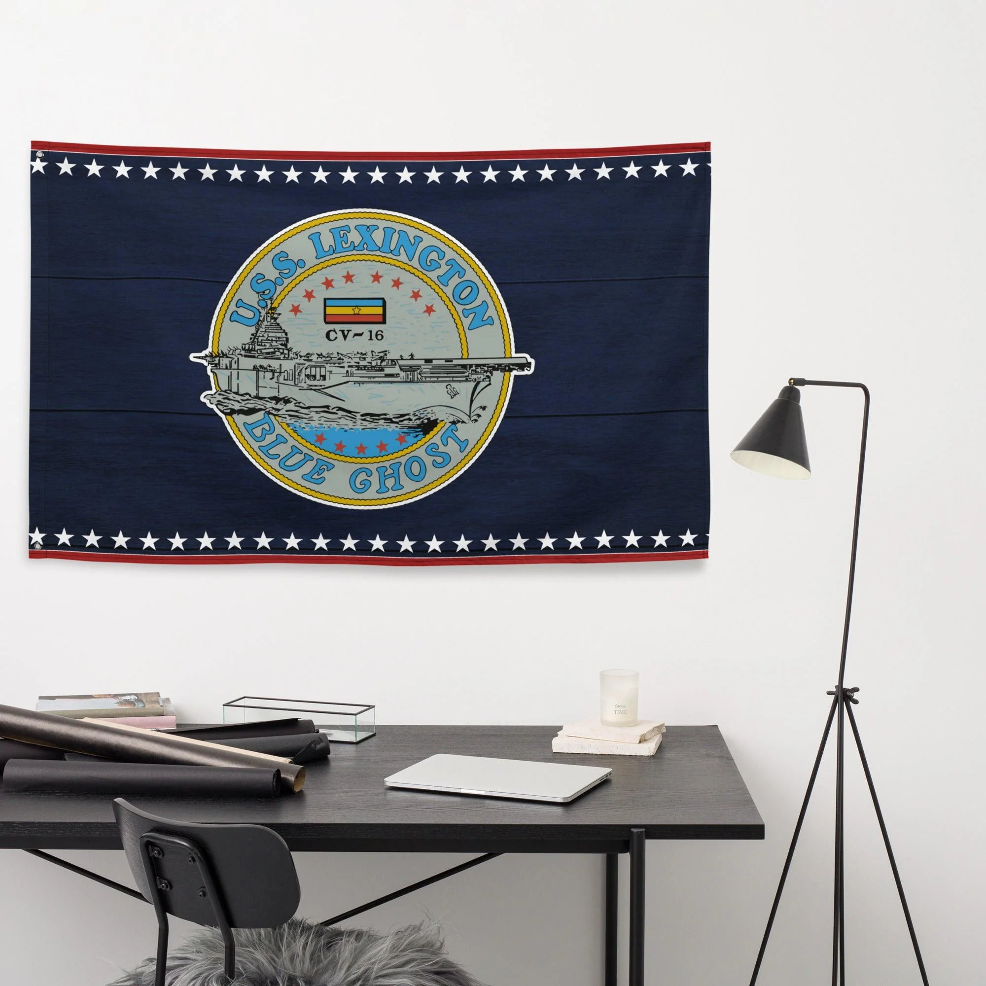 Patriotic USS Lexington (CV-16) Ship's Crest Emblem Wall Flag - Image 3
