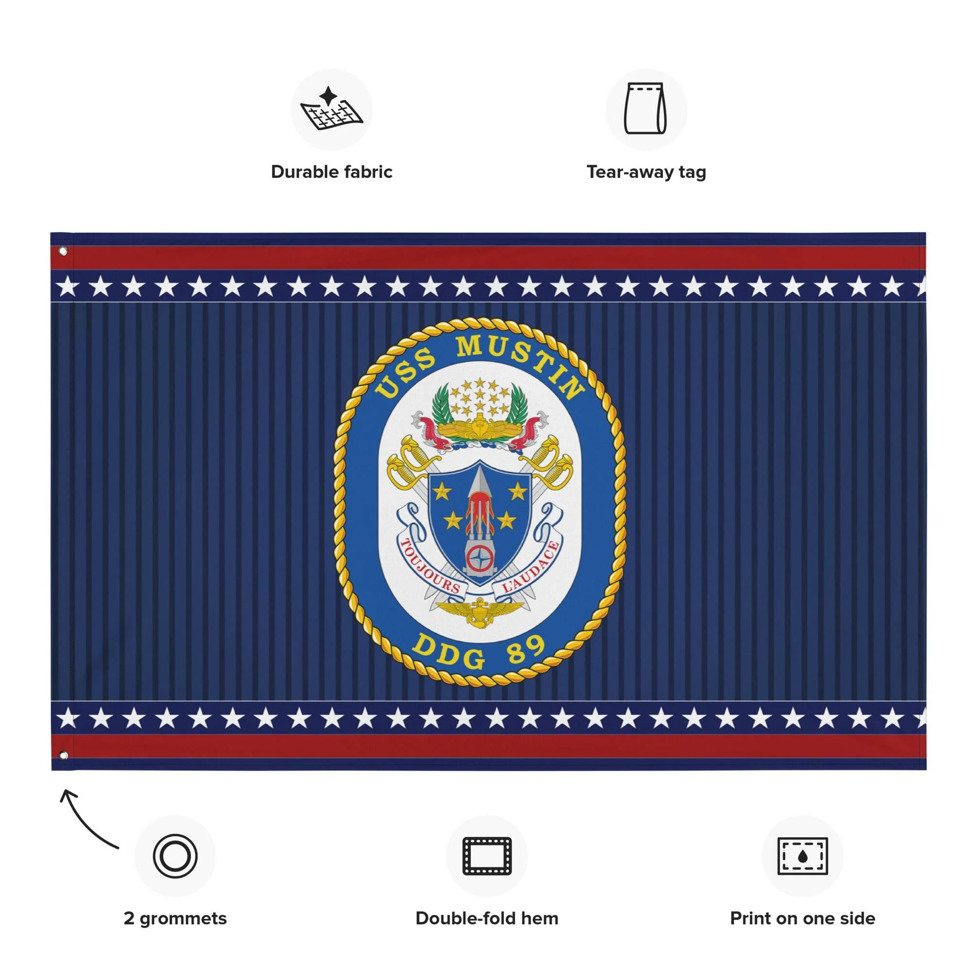 Patriotic USS Mustin (DDG-89) Ship's Crest Wall Flag - Image 2