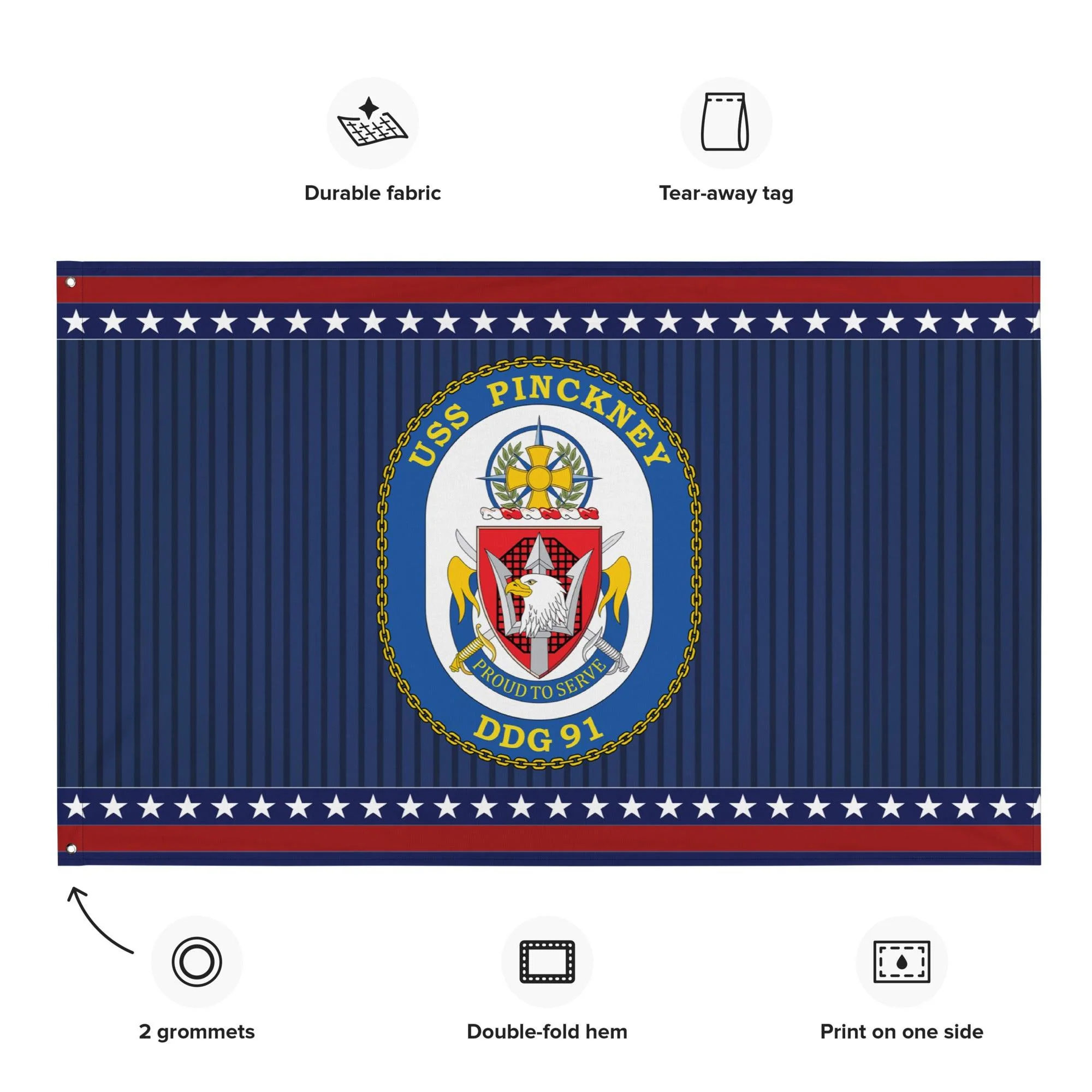 Patriotic USS Pinckney (DDG-91) Ship's Crest Wall Flag - Image 2