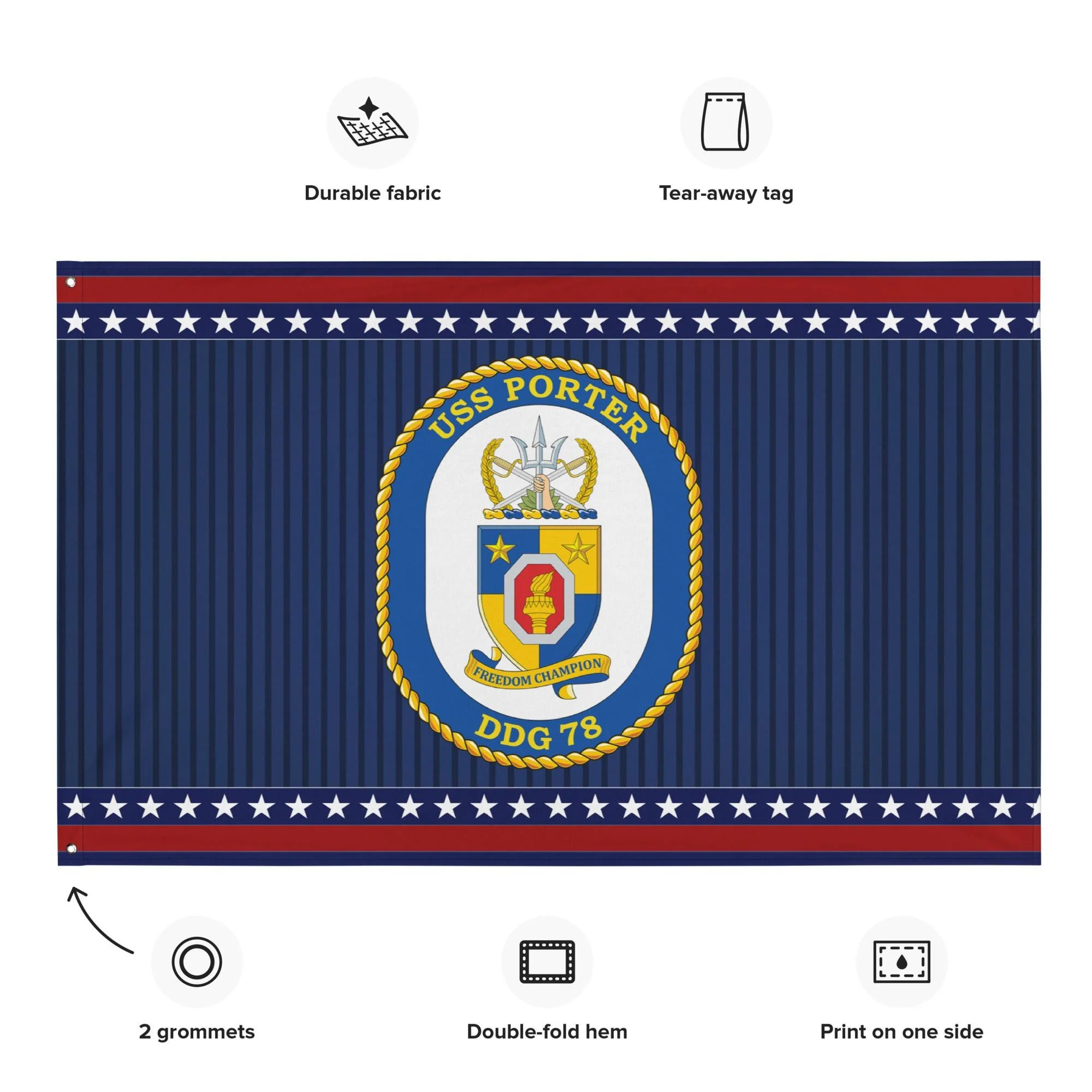 Patriotic USS Porter (DDG-78) Ship's Crest Wall Flag - Image 2