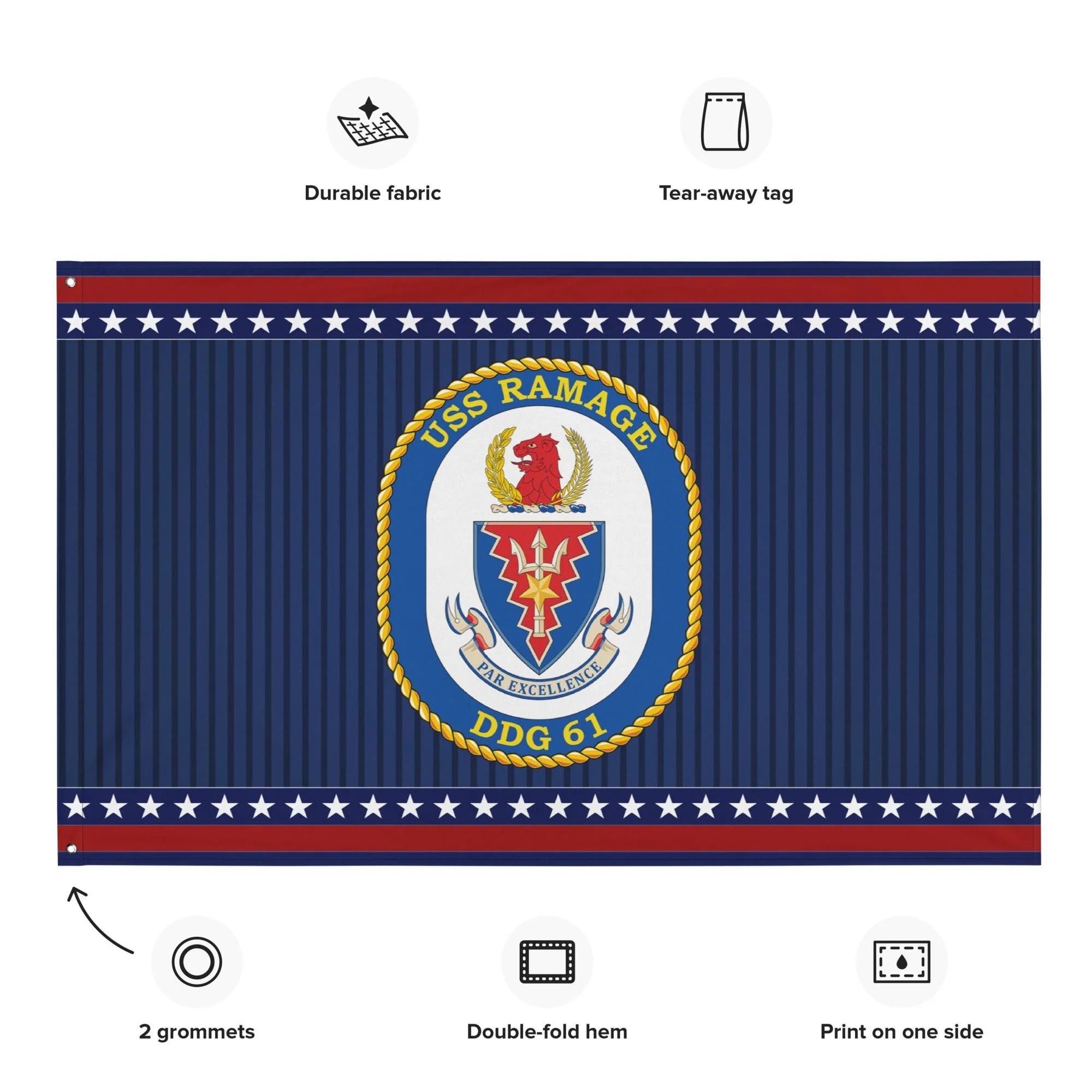 Patriotic USS Ramage (DDG-61) Ship's Crest Wall Flag - Image 2