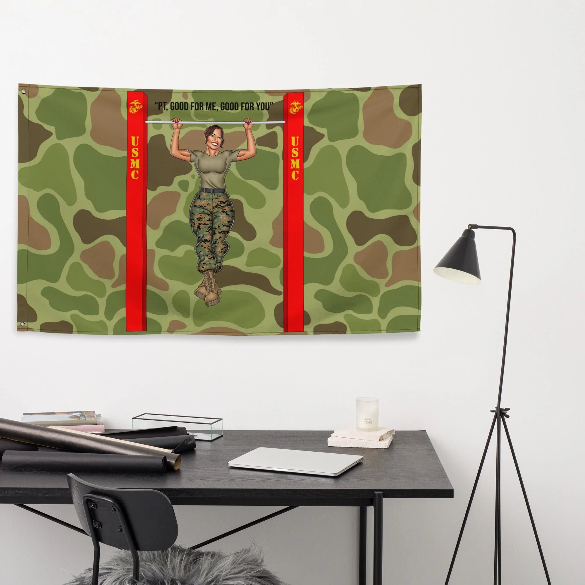"PT Good for me, Good for You" - Ari USMC Pin-Up Girl Wall Flag - Image 2