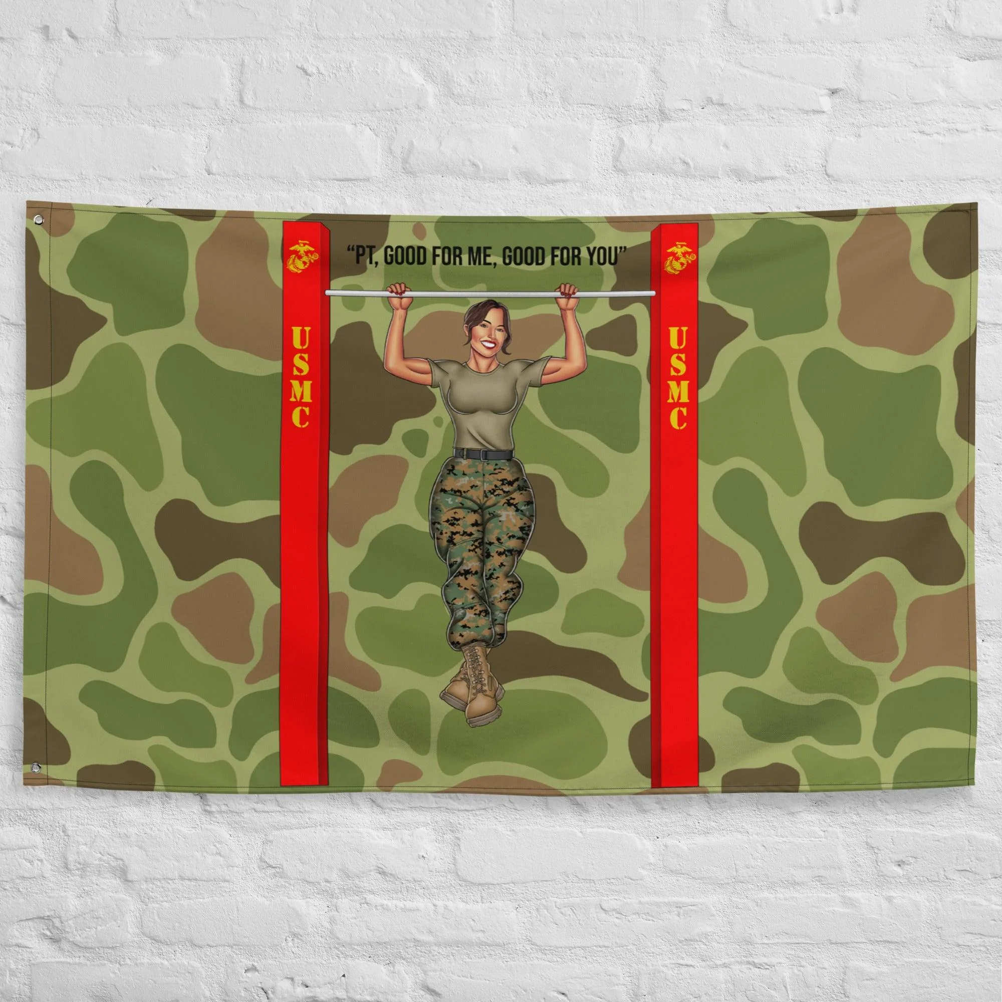 "PT Good for me, Good for You" - Ari USMC Pin-Up Girl Wall Flag - Image 3