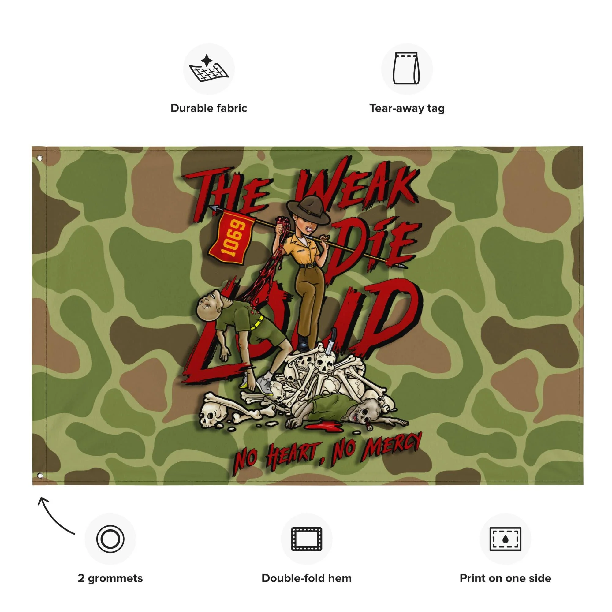 "The Weak Die Loud" Shaniya Frogskin Camo Wall Flag - Image 2