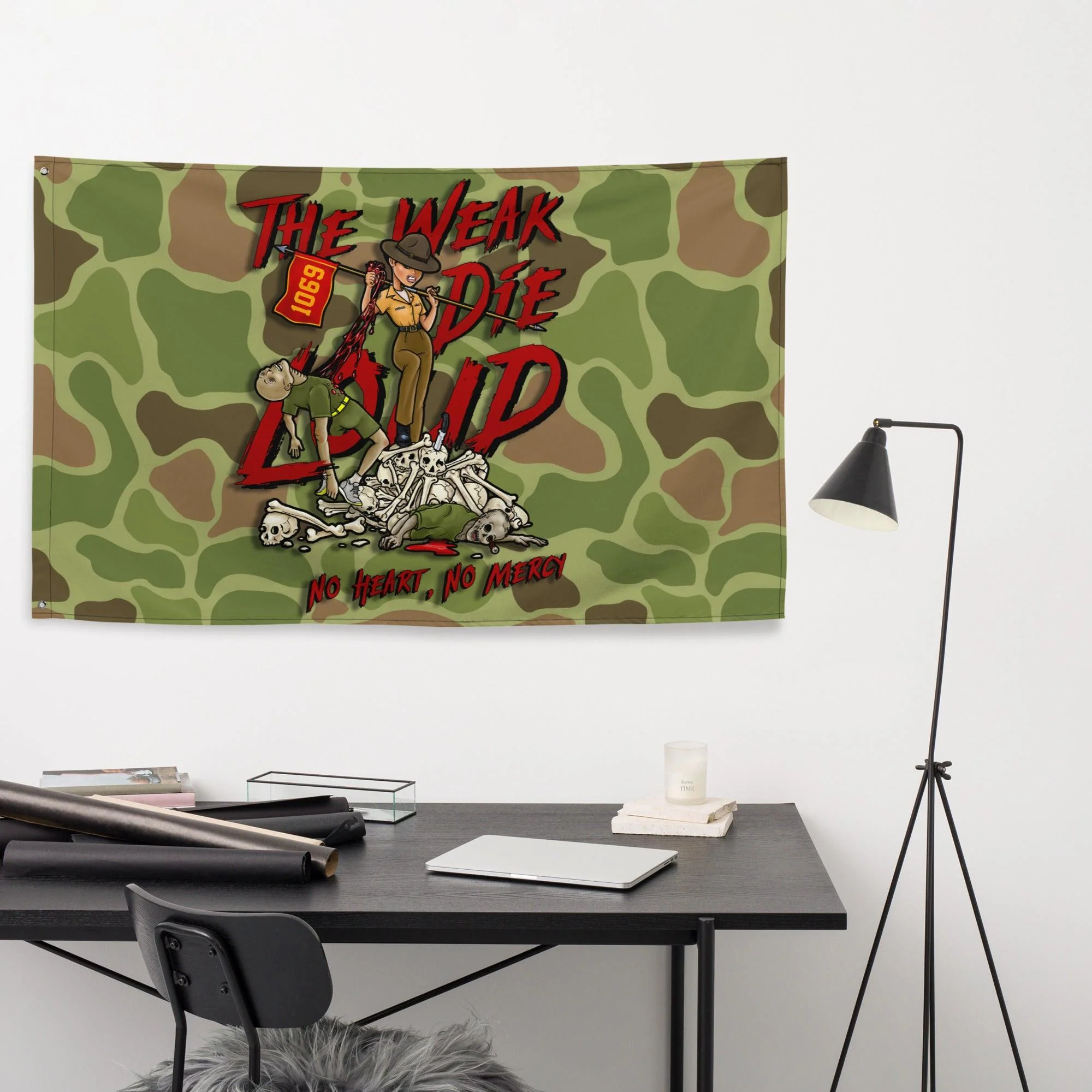 "The Weak Die Loud" Shaniya Frogskin Camo Wall Flag - Image 3