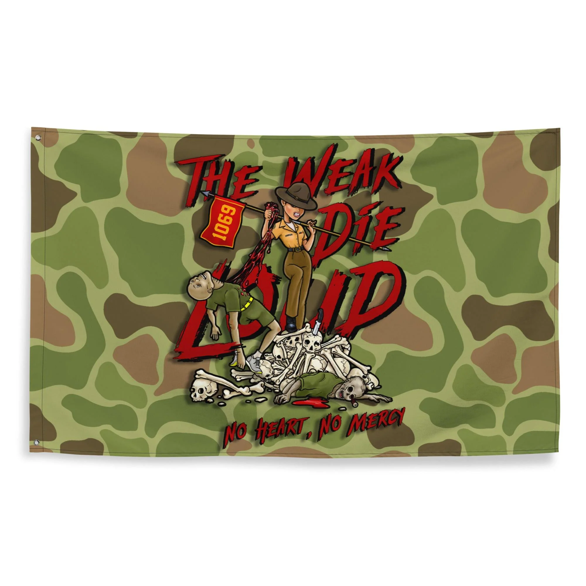 "The Weak Die Loud" Shaniya Frogskin Camo Wall Flag - Image 4
