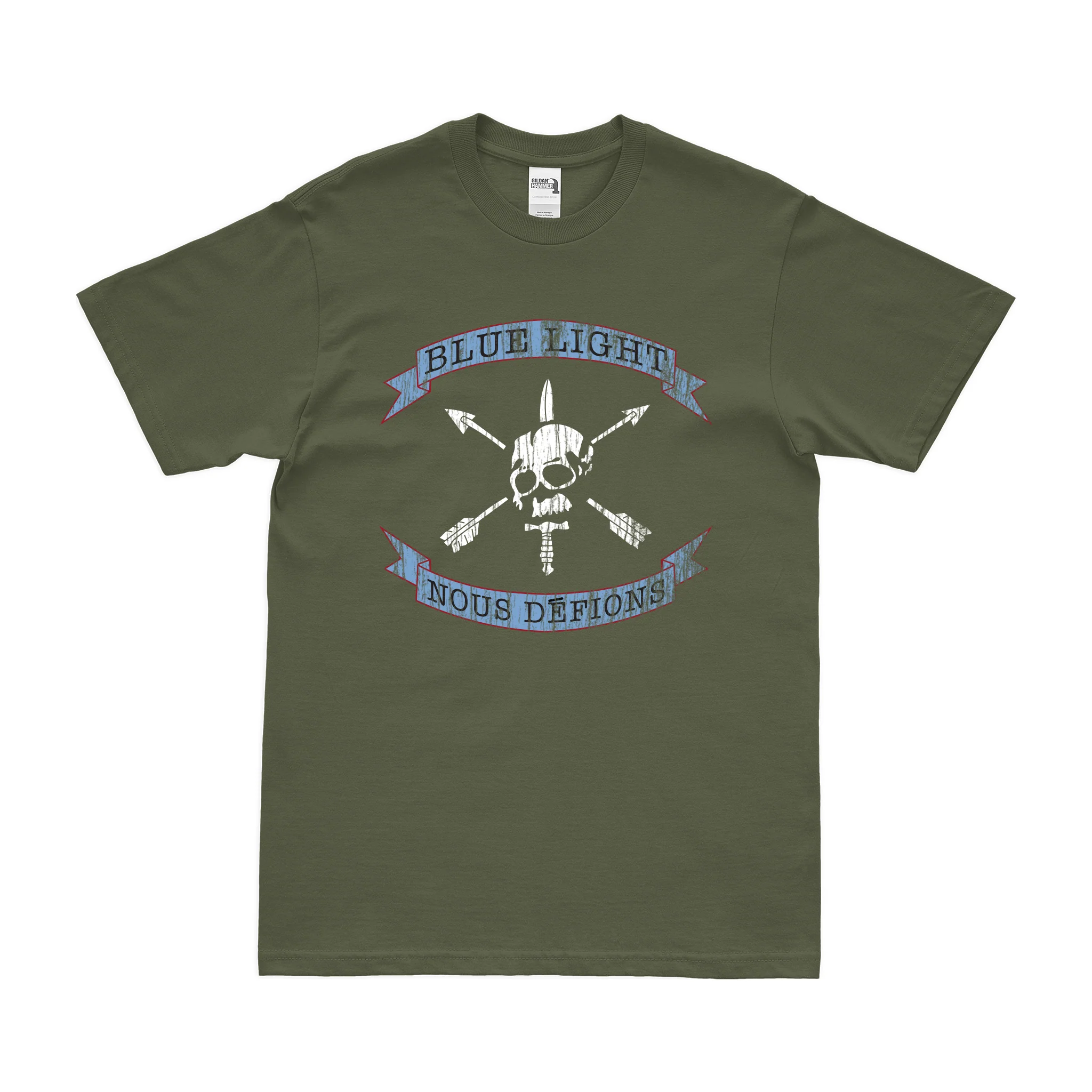 Distressed U.S. Army Blue Light "Nous Defions" Logo Emblem T-Shirt - Image 2