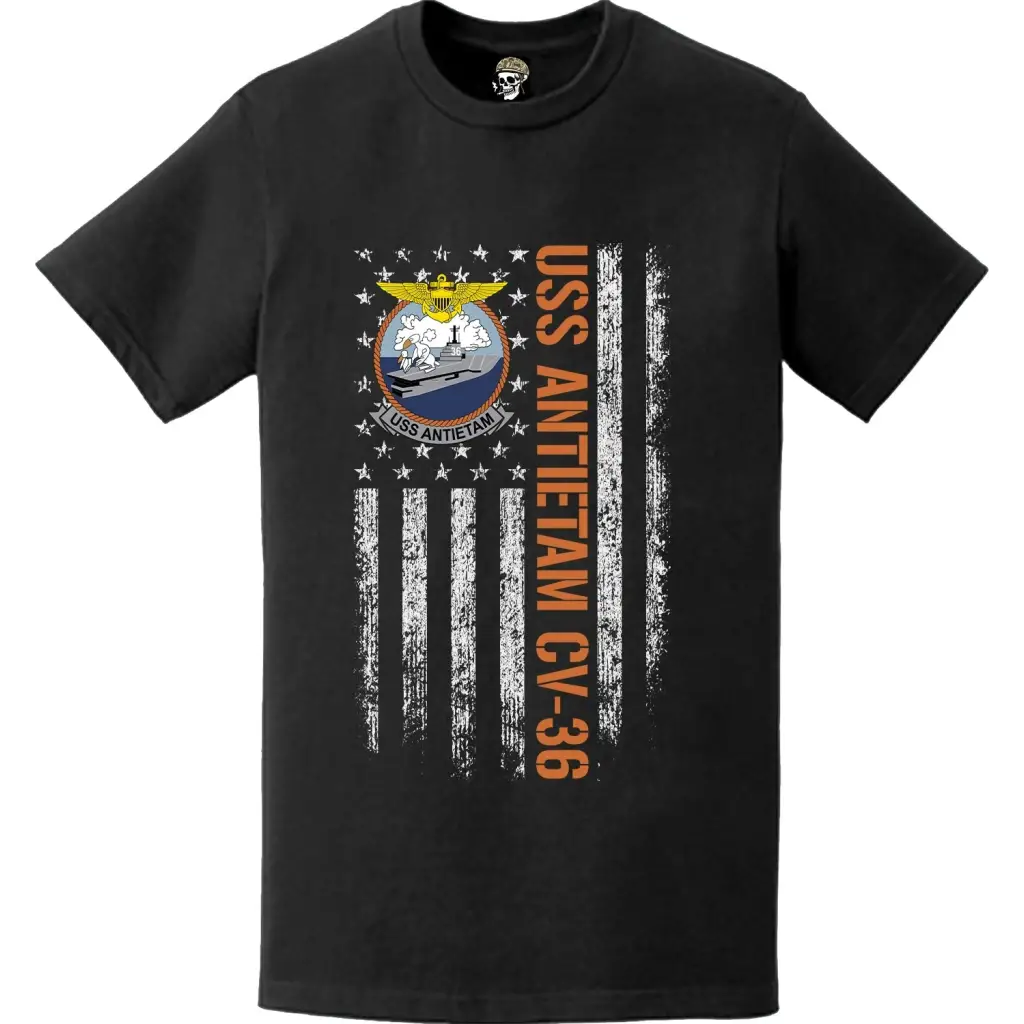 USS Antietam CV-36 Patriotic Ship's Crest Logo American Flag T-Shirt