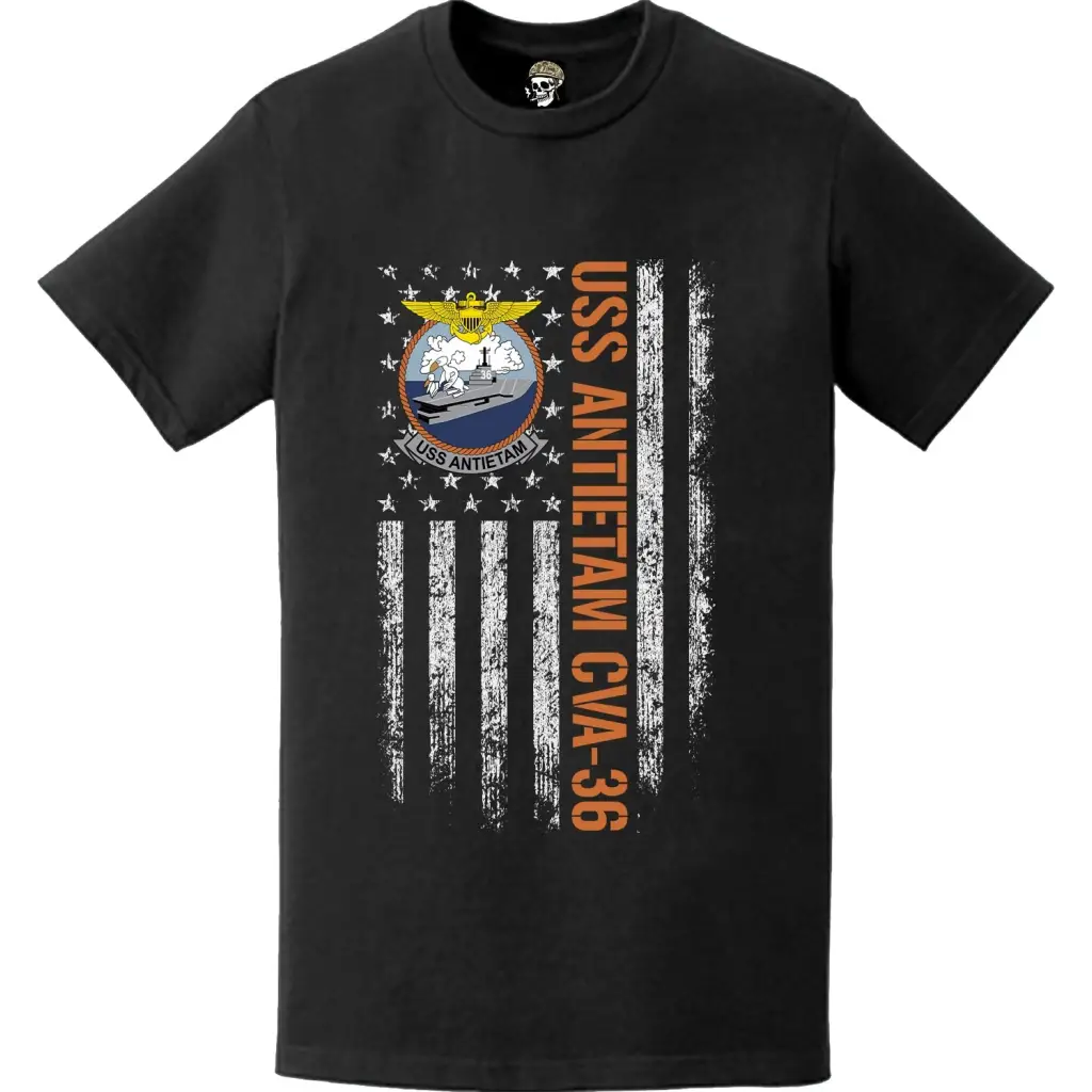 USS Antietam CVA-36 Patriotic Ship's Crest Logo American Flag T-Shirt