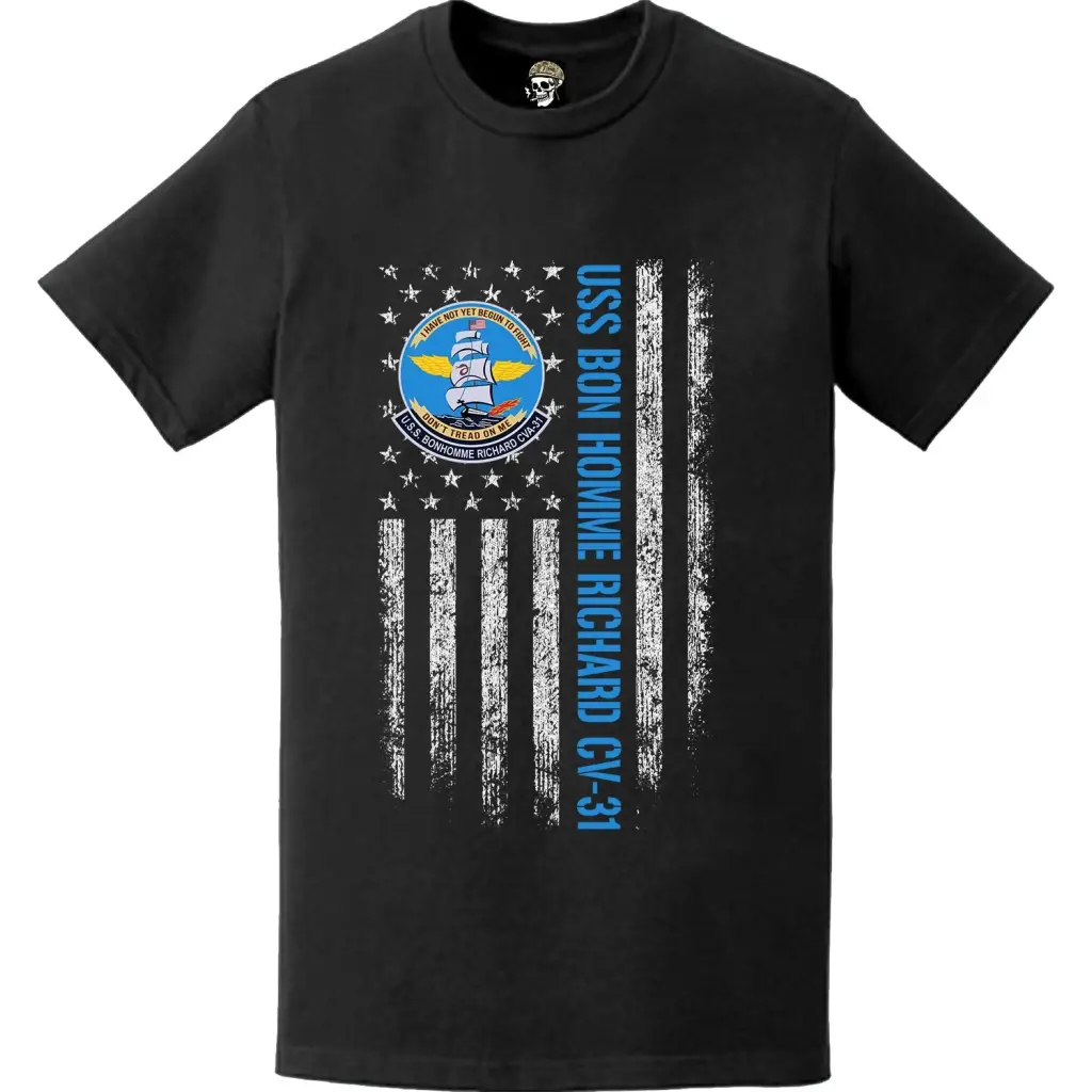 USS Bon Homme Richard CV-31 Patriotic Ship's Crest Logo American Flag T-Shirt