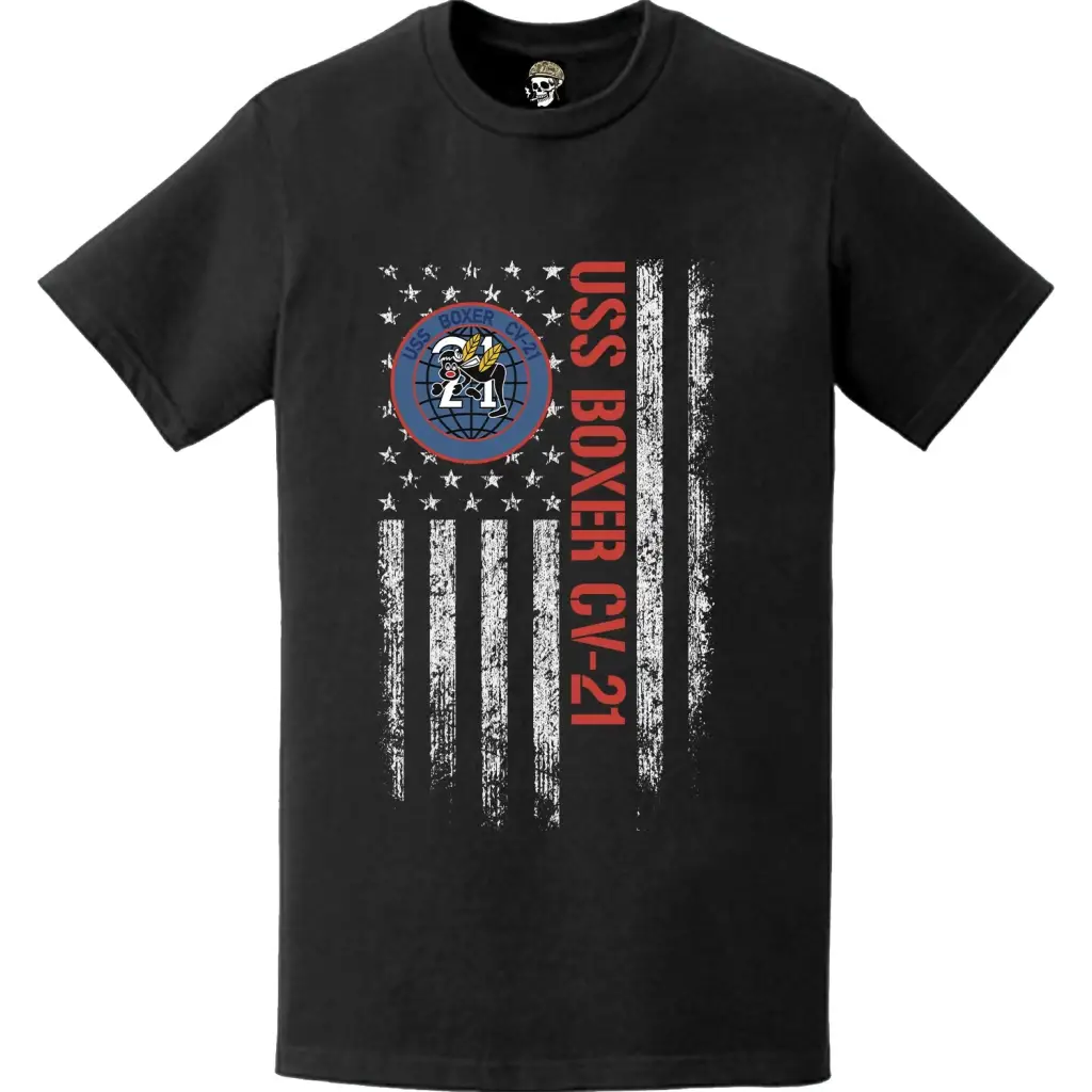 USS Boxer CV-21 Patriotic Ship's Crest Logo American Flag T-Shirt