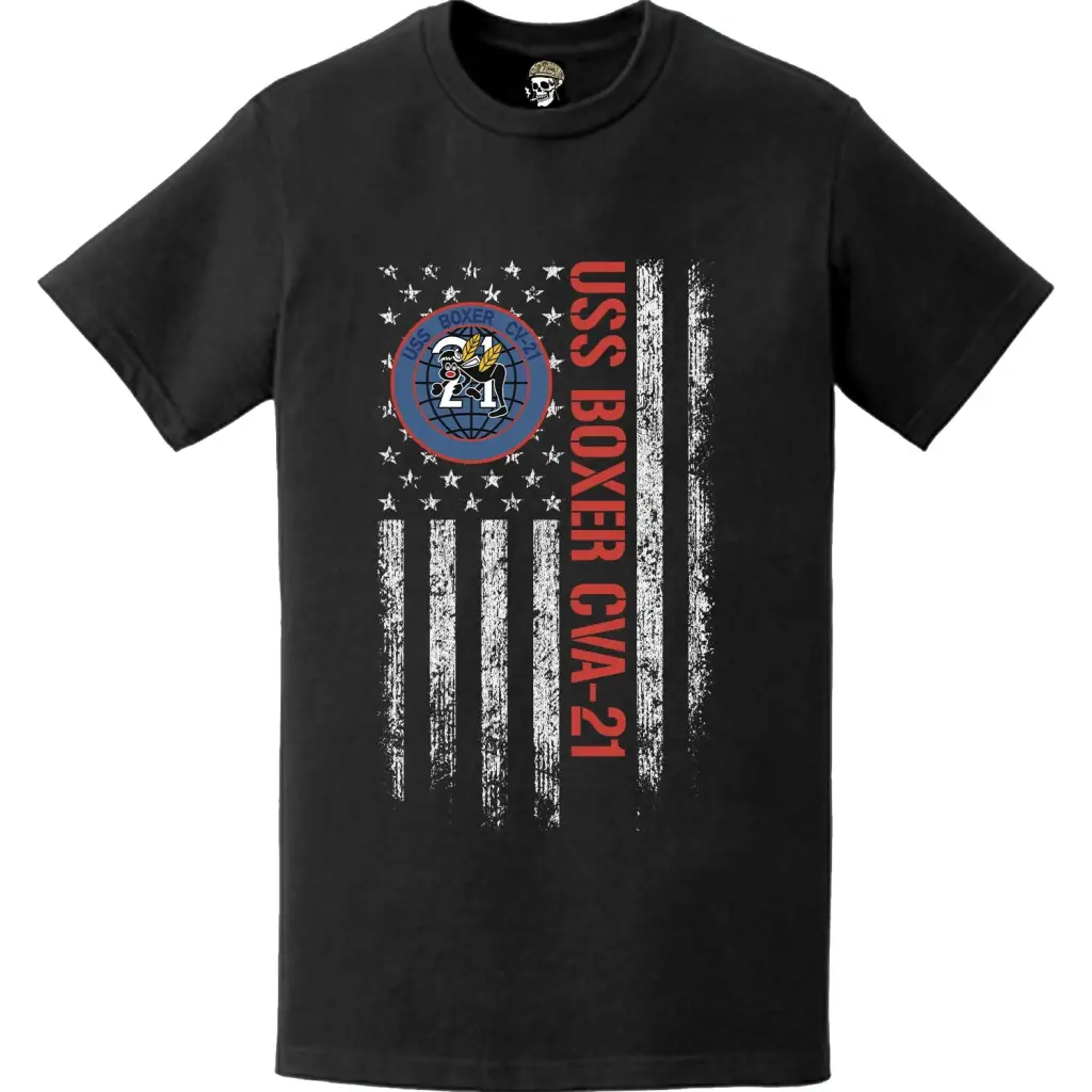 USS Boxer CVA-21 Patriotic Ship's Crest Logo American Flag T-Shirt