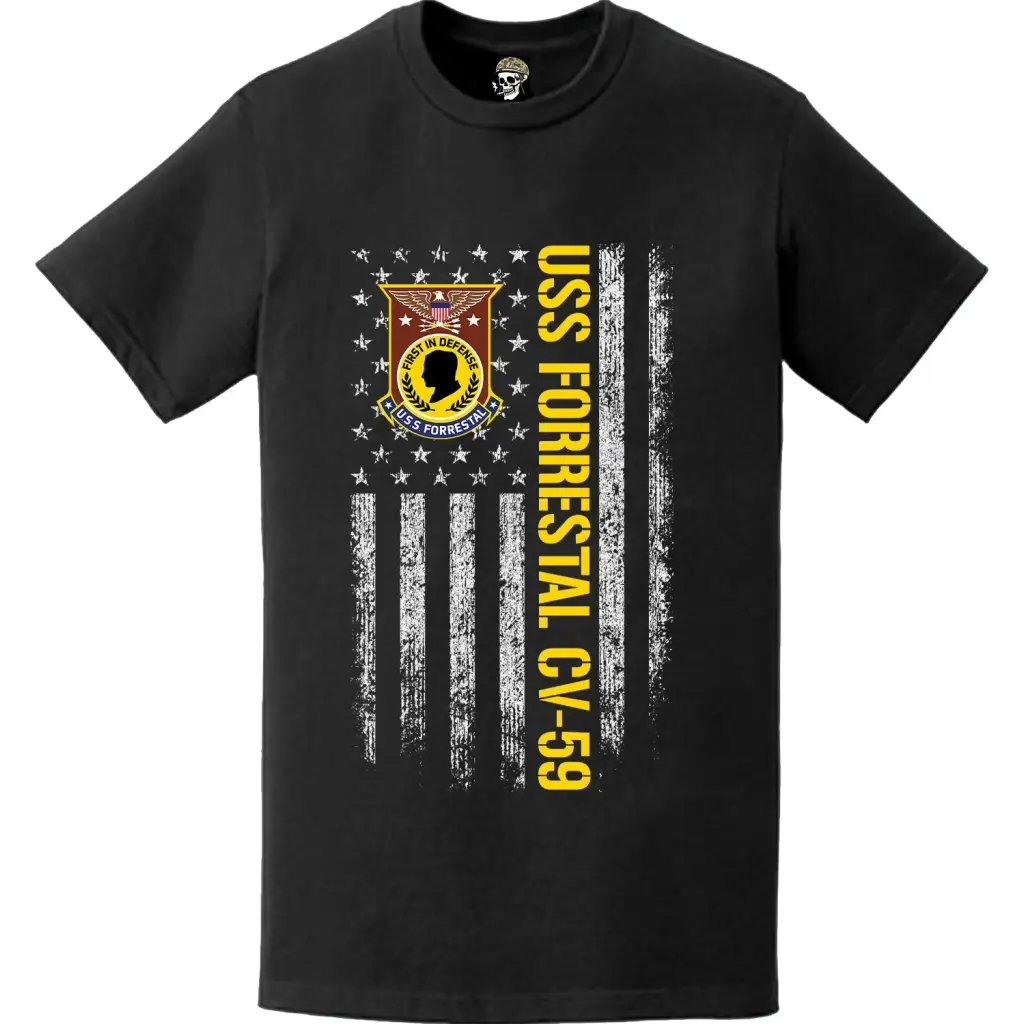 USS Forrestal (CV-59) Patriotic Ship's Crest Logo American Flag T-Shirt