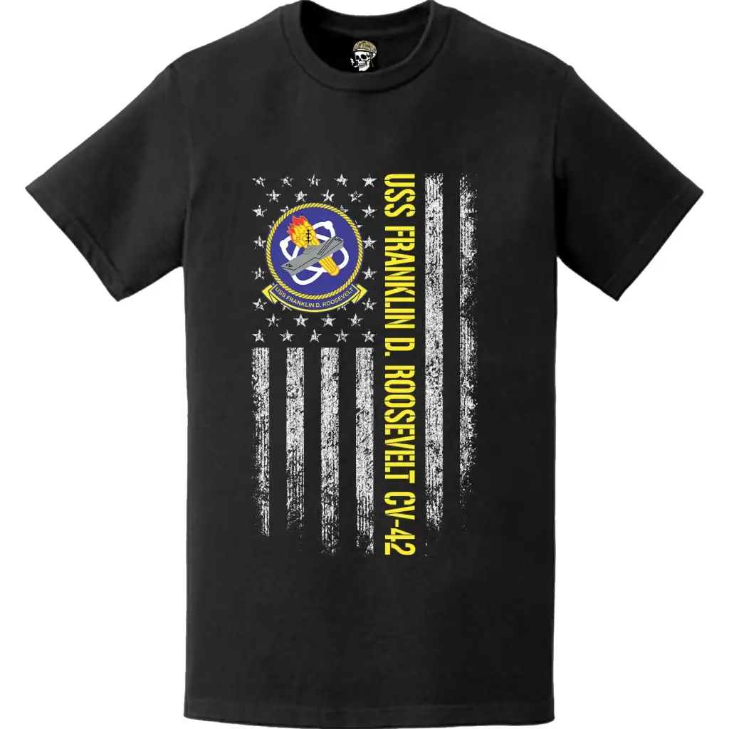 USS Franklin D. Roosevelt (CV-42) Patriotic Ship's Crest Logo American Flag T-Shirt