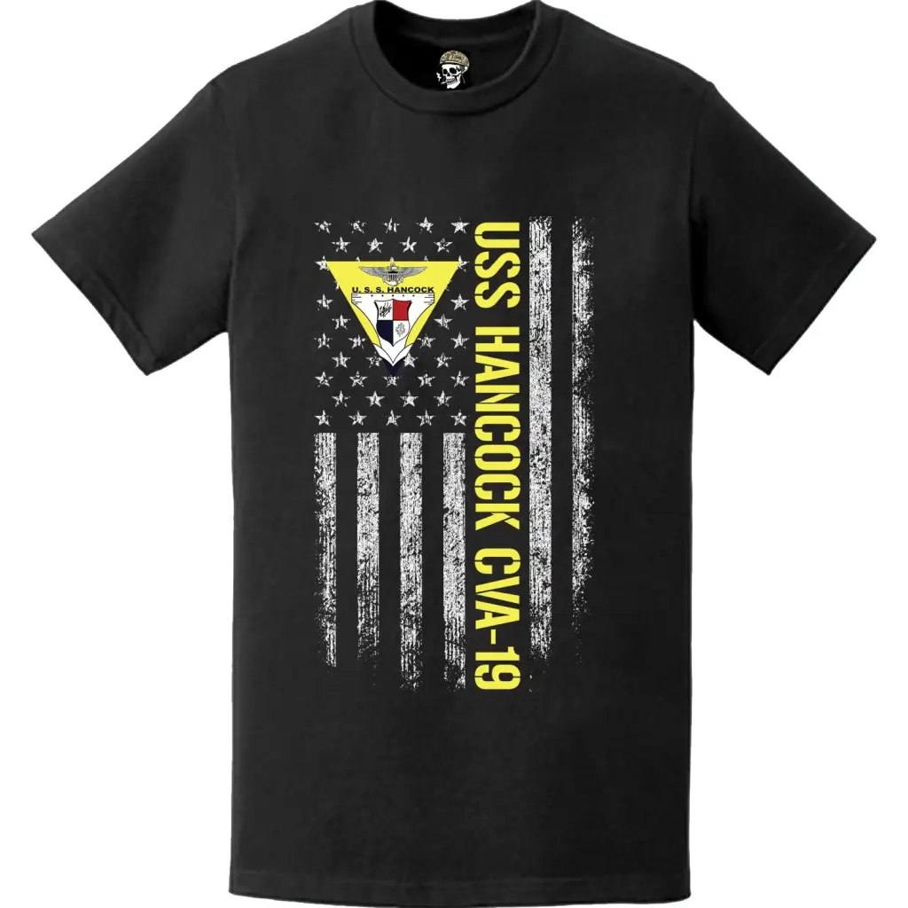 USS Hancock (CVA-19) Patriotic Ship's Crest Logo American Flag T-Shirt