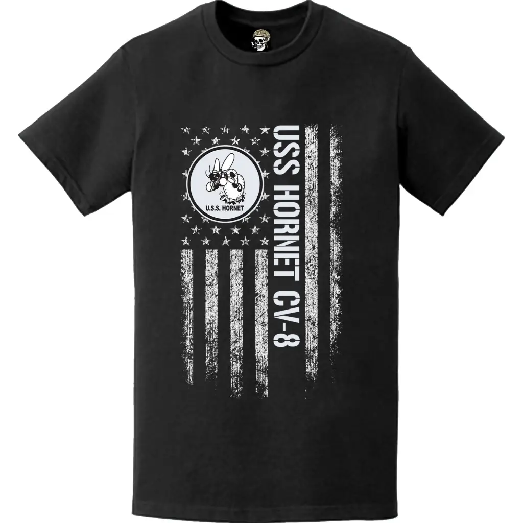 USS Hornet (CV-8) Patriotic Ship's Crest Logo American Flag T-Shirt