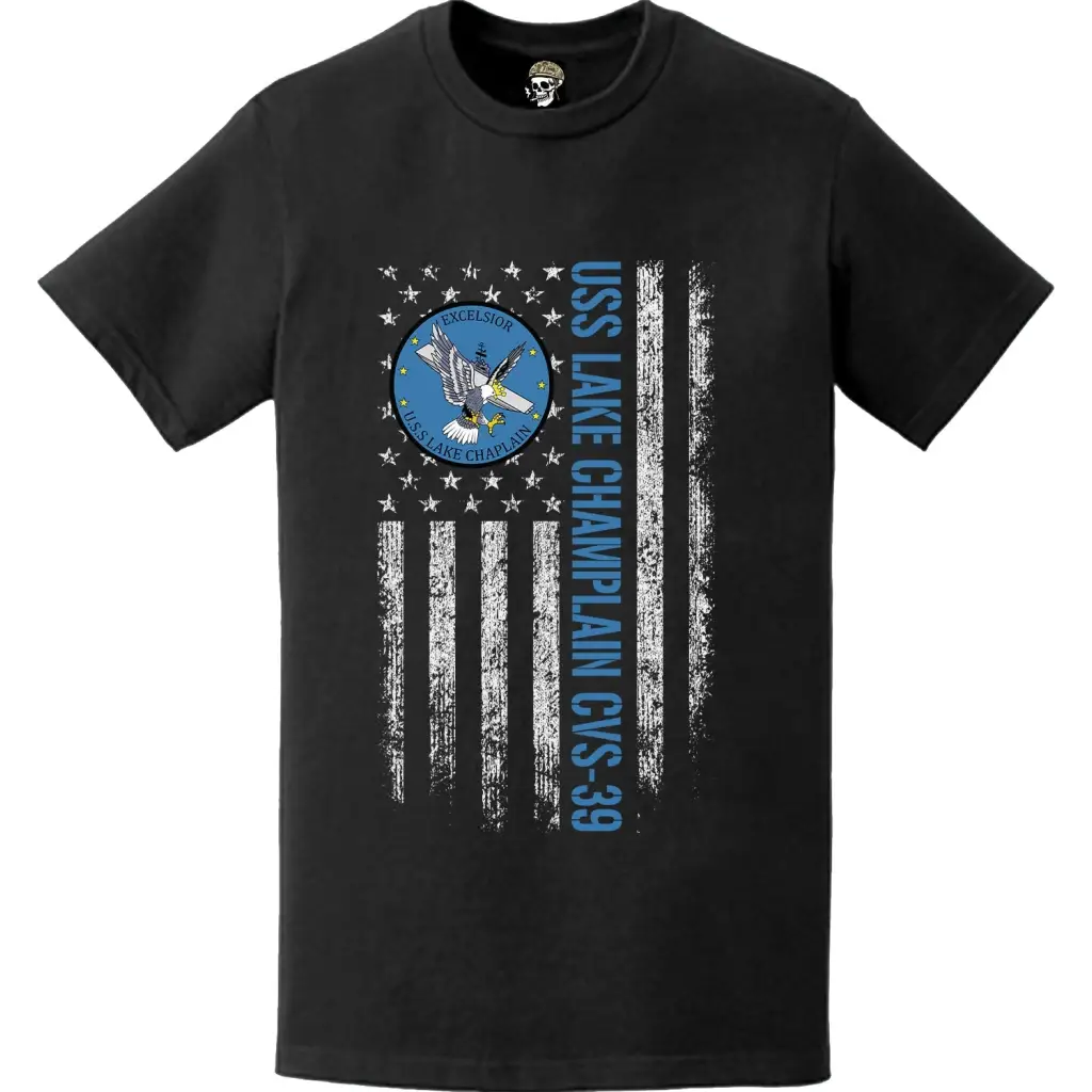 USS Lake Champlain (CVS-39) Patriotic Ship's Crest Logo American Flag T-Shirt
