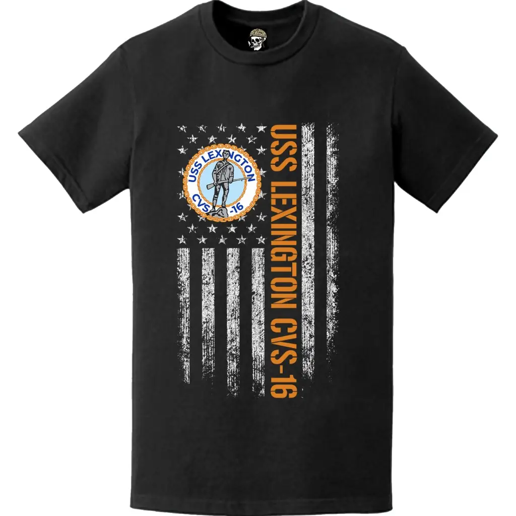 USS Lexington (CVS-16) Patriotic Ship's Crest Logo American Flag T-Shirt