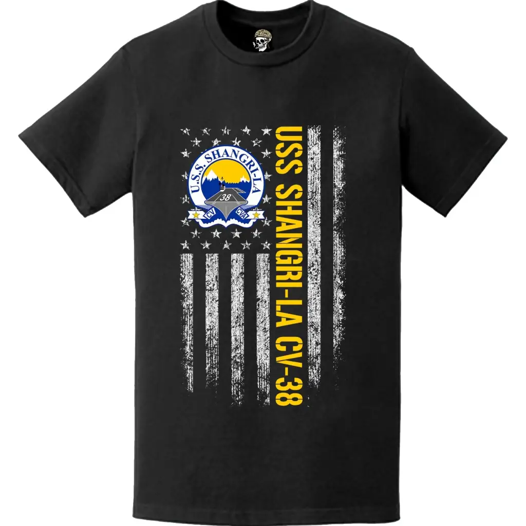 USS Shangri-La (CV-38) Patriotic Ship's Crest Logo American Flag T-Shirt
